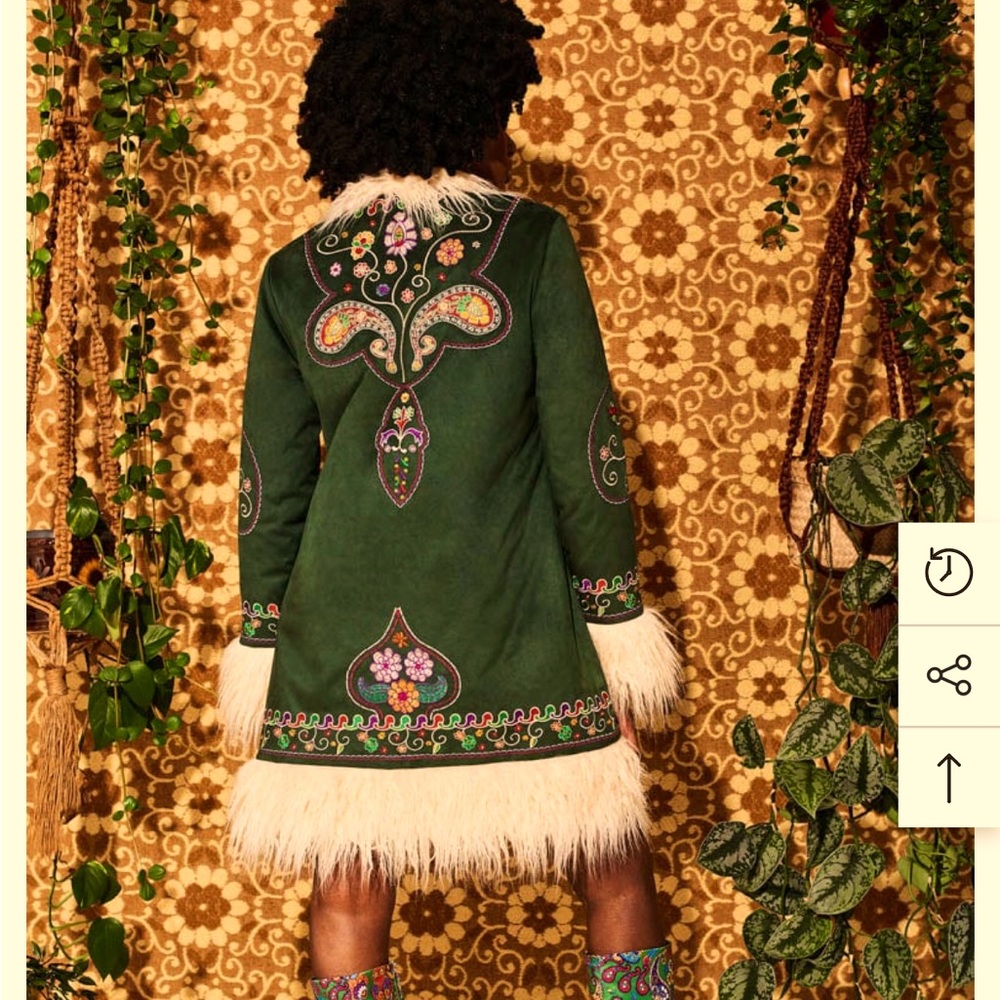 Hippie Shake Penny Lane Green Embroidered Faux-Fur Trim Coat
